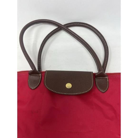LONGCHAMP Le Pliage Large Red Nylon Packable Tote Bag Purse Leather Top Handle - Picture 2 of 11